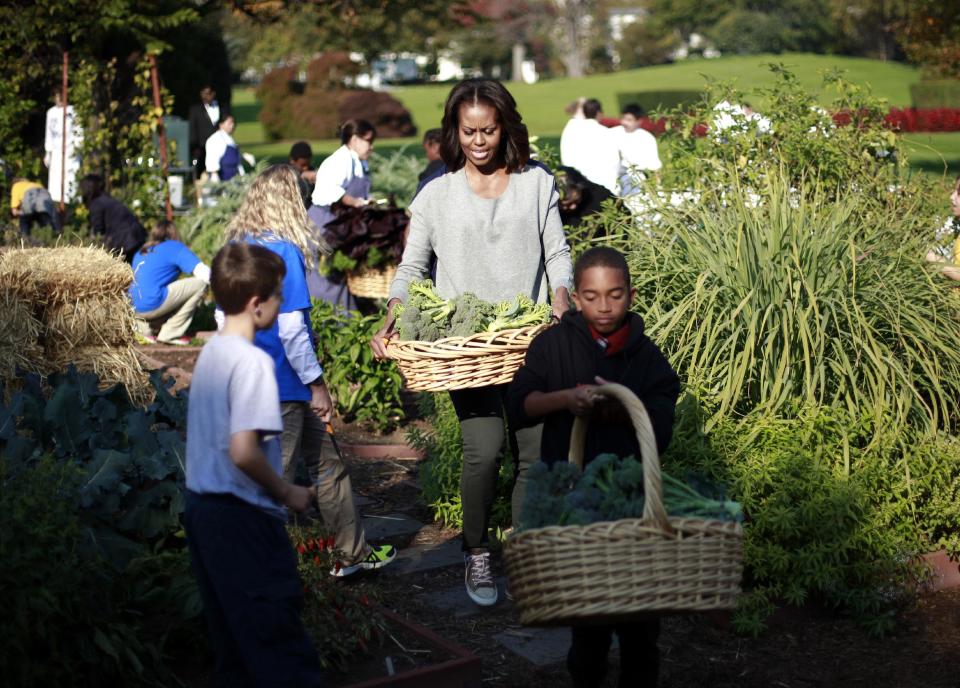 First lady Michelle Obama, center, carries a basket of harvested broccoli from the White House garden, located South Lawn of the White House in Washington, with the help of school children, Wednesday, Oct. 30, 2013. With Obama are from left to right, Blaise Wingold from Holton Elementary School from Richmond, Va., Kennedy Young from North Elementary School from Morgantown, WV., and Antonio Negron, from Magnolia Elementary School from Joppa, Md.(AP Photo/Pablo Martinez Monsivais)