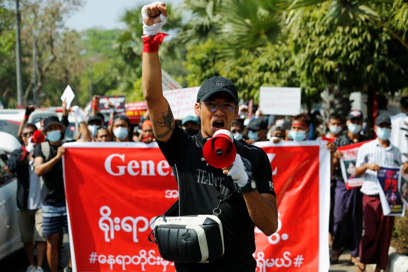 Myanmar MMA fighter Phoe Thaw attends anti-coup protest in Yangon