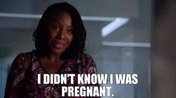 A woman with the text "I didn't know I was pregnant"