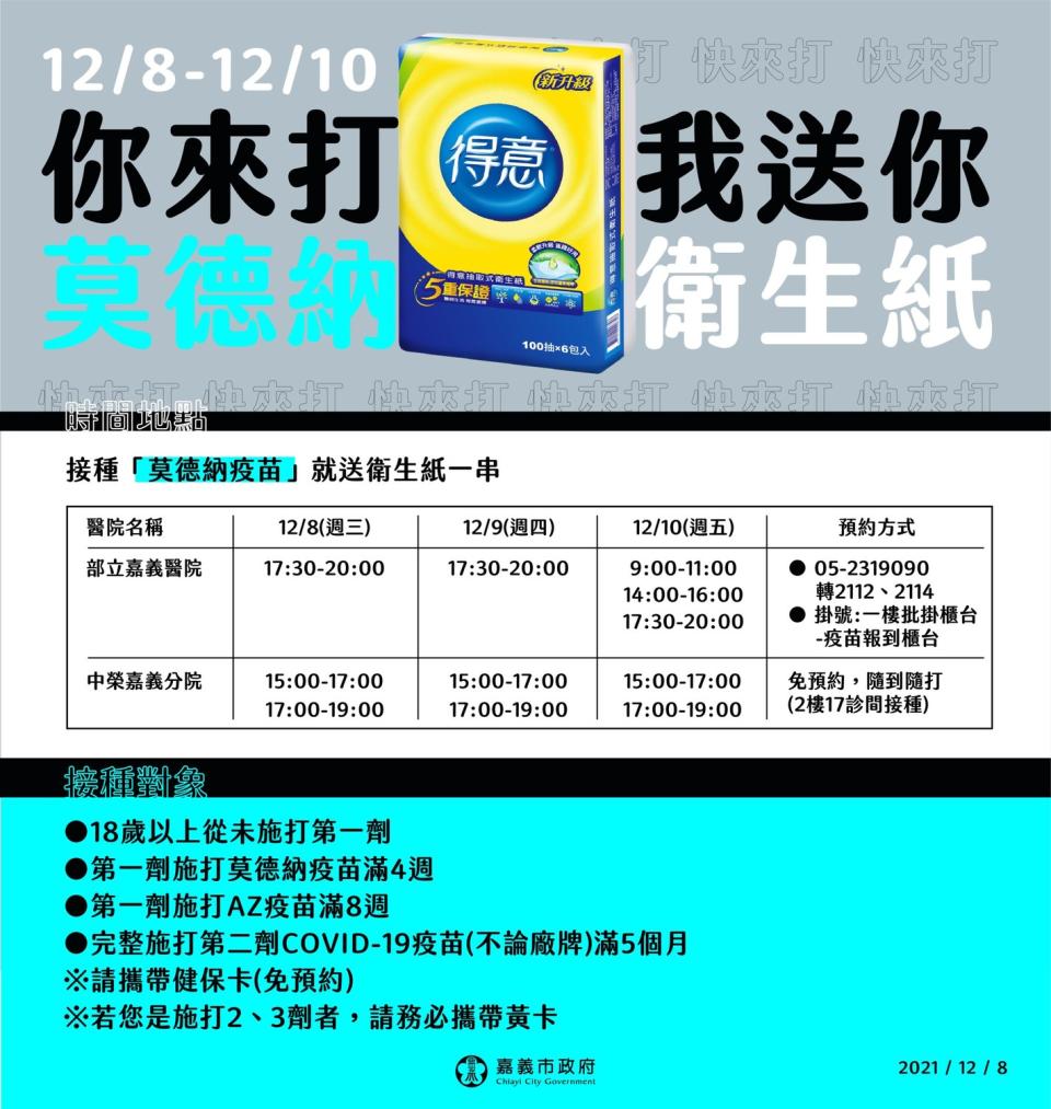 為了鼓勵民眾接種疫苗，部立嘉義醫院、中榮嘉義分院打莫德納送衛生紙。   圖：嘉義市政府/提供