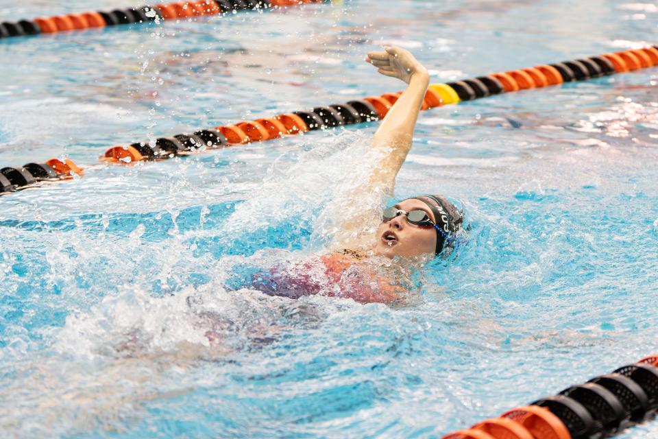 South Western’s Chloe Albrecht competes in the 200 Yard IM at the Dick Guyer YAIAA Swimming & Diving Championship on Friday, February 9, 2024.