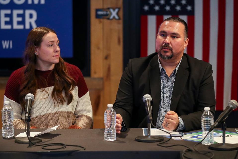 Oneida Nation Chairman Tehassi Hill speaks during a panel discussion with first lady Jill Biden in Green Bay.