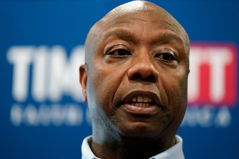 Republican presidential candidate Sen. Tim Scott, R-S.C., speaks during a meet and greet, Monday, Sept. 18, 2023, in Fort Dodge, Iowa. (AP Photo/Charlie Neibergall)