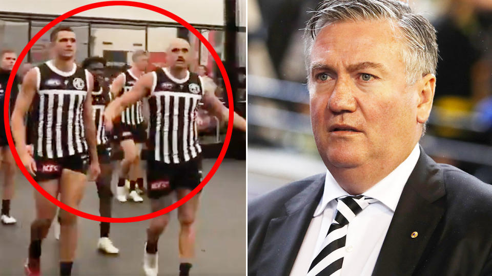 Pictured right, former Collingwood president Eddie McGuire and Port Adelaide players in prison bar jumpers on the left.