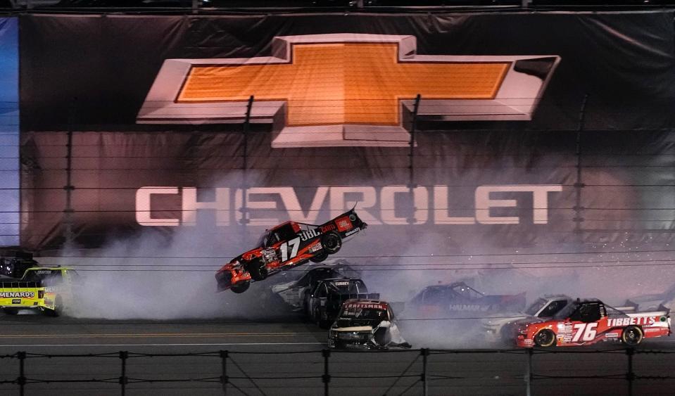 Taylor Gray goes airborne as a final, massive crash erupts on the backstretch on the final lap of the Fresh From Florida 250 on Friday, February 16, 2024 at Daytona International Speedway.