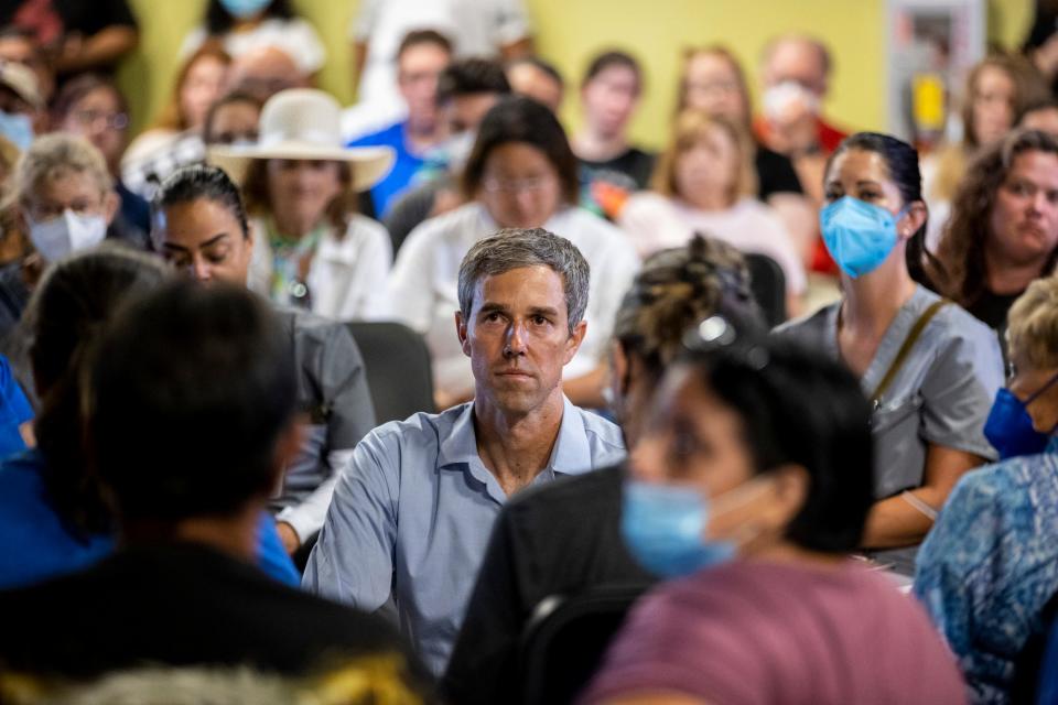 Beto O'Rourke listens to voters during a "Drive for Texas" town hall meeting at a community center in Midland, Texas on Wednesday, July 20, 2022.