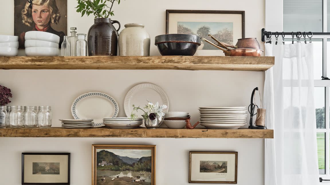 sulphur springs, texas farmhouse home of kk mckenzie and ryan mckenzie kitchen with open shelves, white cabinets