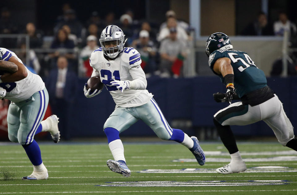 FILE - In this Sunday, Dec. 9, 2018, file photo, Dallas Cowboys running back Ezekiel Elliott (21) runs against the Philadelphia Eagles during the first half of an NFL football game in Arlington, Texas. If the Cowboys are for real, they will win their sixth straight game and clinch the NFC East at Indianapolis on Sunday. (AP Photo/Ron Jenkins, File)
