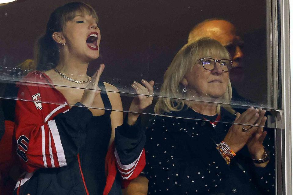 <p>David Eulitt/Getty </p> Taylor Swift and Donna Kelce at Kansas City Chiefs vs. Denver Broncos game
