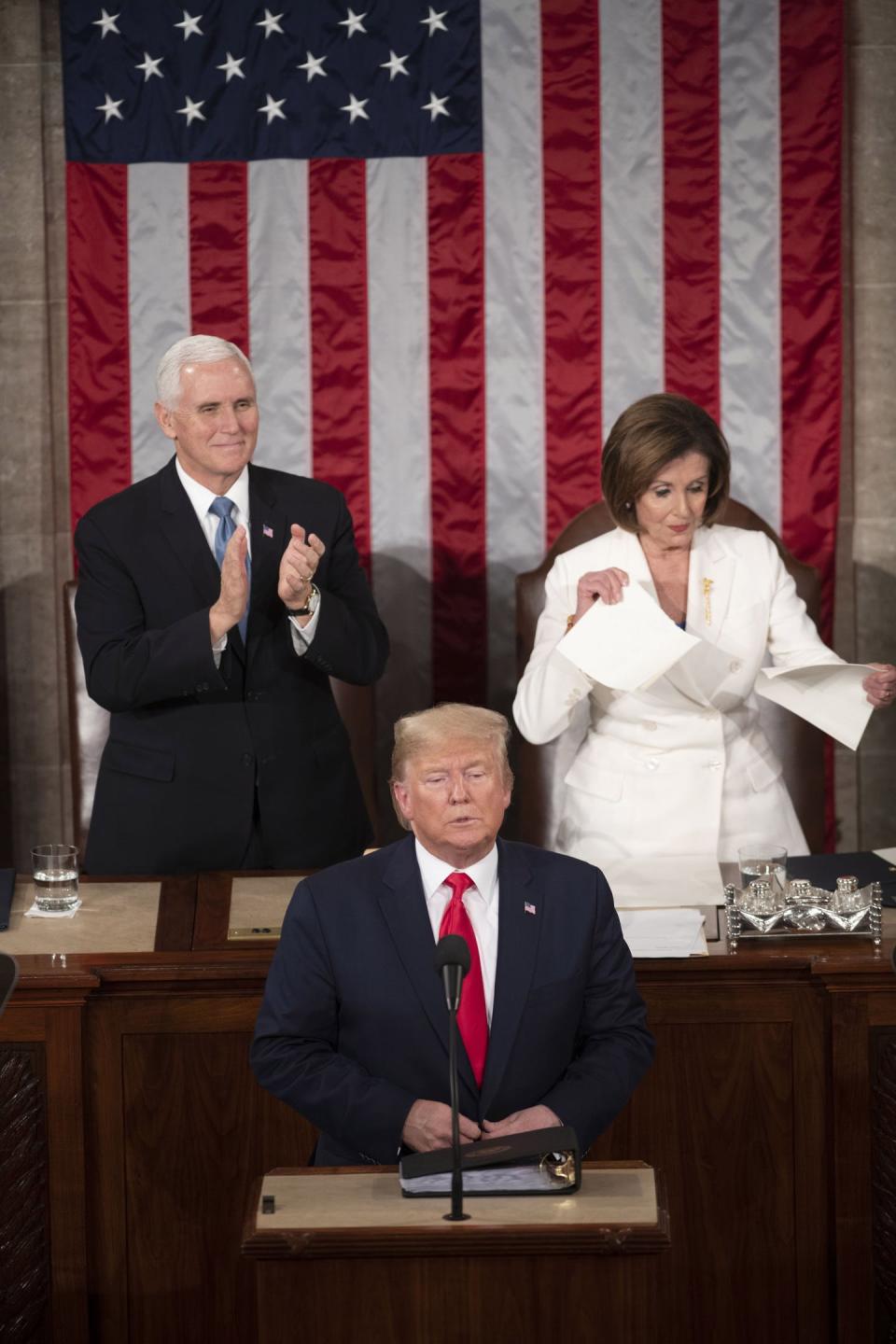 House Speaker Nancy Pelosi tears up what appeared to be a copy of President Donald Trump's State of the Union speech.