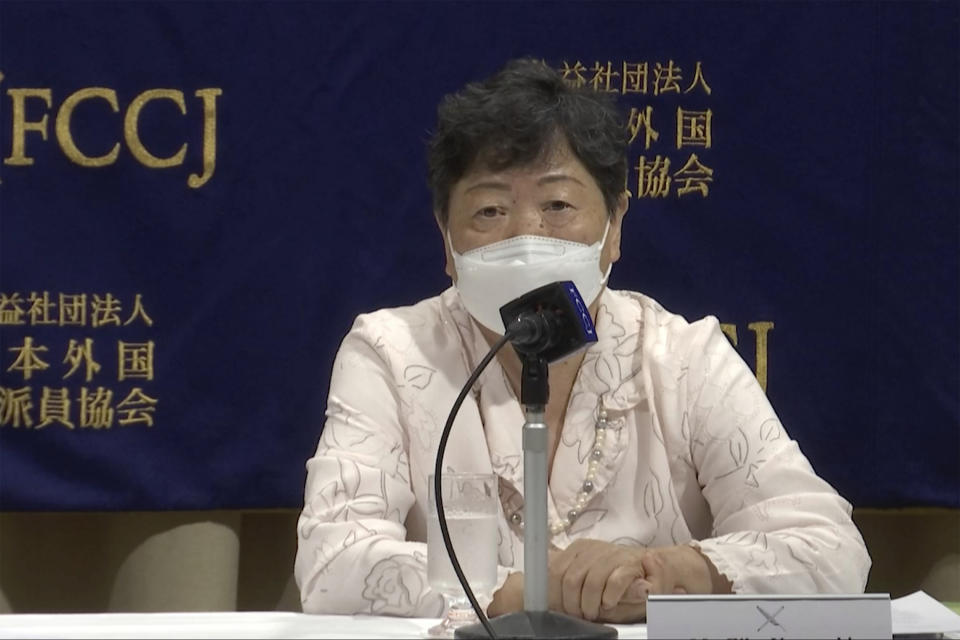 In this image from video, North Korean defector Eiko Kawasaki, a plaintiff, speaks during a press conference in Tokyo Tuesday, Sept. 7, 2021. A Japanese court has summoned North Korea's leader to face demands for compensation by several ethnic Korean residents of Japan who say they suffered human rights abuses in North Korea after joining a resettlement program there that described the country as a “paradise on Earth,” a lawyer and plaintiff said Tuesday, Sept. 7, 2021. (AP Photo)