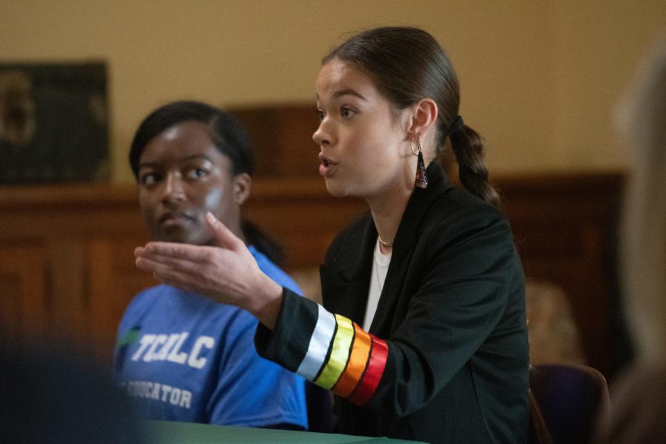 Recent TCALC graduate Ainsley Sha-Win Schimmel answers questions related to race in school during a roundtable panel with U.S. secretary of education Miguel Cardona Tuesday.