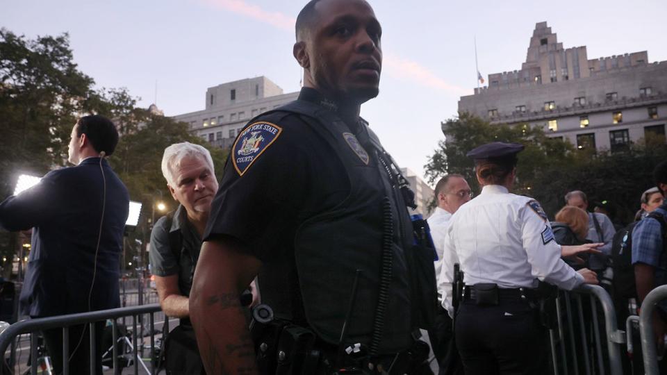 Court police prepare for the arrival of former President Donald Trump to New York State Supreme court for the start of the civil fraud trial against him on October 02, 2023 in New York City. Trump and his associates are being charged with inflating assets in fraudulent financial statements. A ruling last week by a judge determined that Trump and his co-defendants are liable for “persistent and repeated” fraud.