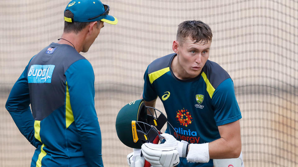 Marnus Labuschagne is pictured here at training with Aussie coach Justin Langer. 