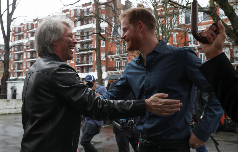 The Duke of Sussex meets Jon Bon Jovi and members of the Invictus Games Choir during his visit Abbey Road Studios in London.