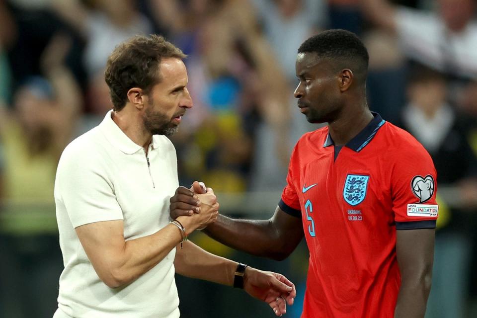 Impressed: Gareth Southgate (left) was pleased with Marc Guehi’s display (The FA via Getty Images)