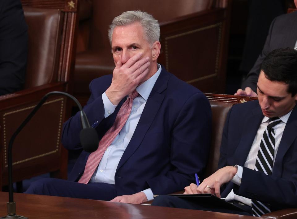 washington, dc january 03 us house minority leader kevin mccarthy r ca reacts as representatives cast their votes for speaker of the house on the first day of the 118th congress in the house chamber of the us capitol building on january 03, 2023 in washington, dc today members of the 118th congress will be sworn in and the house of representatives will elect a new speaker of the house photo by win mcnameegetty images