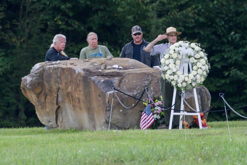 A wreath is placed at the boulder that marks the crash site of Flight 93 following the formal ceremony at the Flight 93 National Memorial during the 22nd memorial observance on Monday, September 11, 2023 near Shanksville, Penn. Photo by Archie Carpenter/UPI