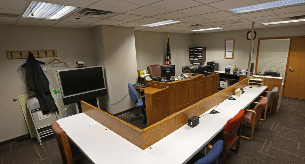 US Immigration Courtroom in Bloomington MN., photographed on 3/11/14.  One by one, the realities of an overwhelmed immigration system came walking into the courtroom in handcuffs and prison-issue flip-flops, Judge William J. Dickerson, who has seen it all