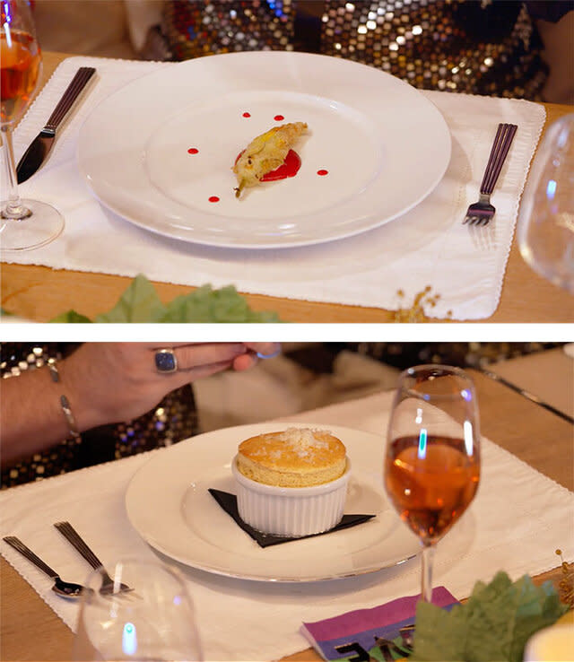 A squash blossom and sweet potato soufflé plated for the charter guests.