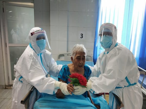 95-year-old Nandarani Acharya before leaving the hospital