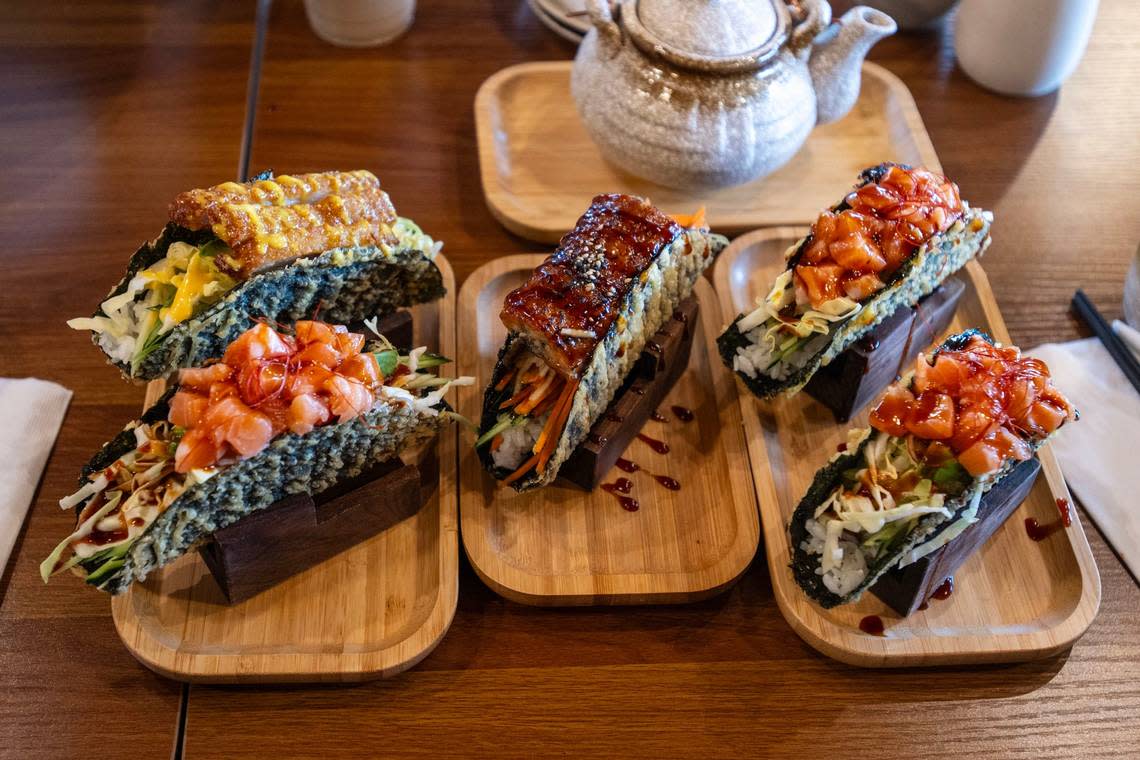 A variety of sushi tacos — Taco Tonkatsu, Taco Ebi and Taco Sake — are featured Saturday, May 4, 2024, at Engawa Fusion restaurant, which recently opened on Stockton Boulevard near Florin Road in south Sacramento.