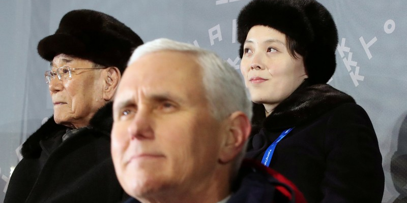 U.S. Vice President Mike Pence, North Korea's nominal head of state Kim Yong Nam, and North Korean leader Kim Jong Un's younger sister Kim Yo Jong attend the Winter Olympics opening ceremony in Pyeongchang, South Korea February 9, 2018.  Yonhap via REUTERS   