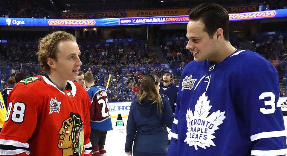 Patrick Kane is a big Auston Matthews fan. (Photo by Bruce Bennett/Getty Images)