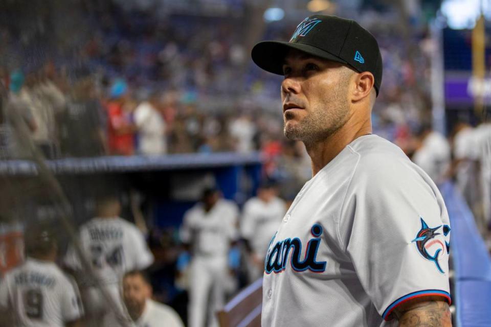 Miami Marlins manager Skip Schumaker (55) looks on before the first inning of an MLB game against the New York Mets at LoanDepot Park in Miami, Florida, on Thursday, March 30, 2023.