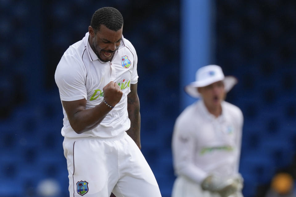 West Indies' Shannon Gabriel celebrates after he bowled India's Ajinkya Rahane on day one of their second cricket Test match at Queen's Park in Port of Spain, Trinidad and Tobago, Thursday, July 20, 2023. (AP Photo/Ricardo Mazalan)
