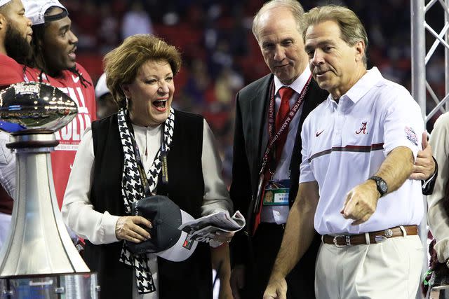<p>Michael Wade/Icon Sportswire/Getty</p> Nick and Terry Saban at the College Football Playoff Semifinal in December 2017.