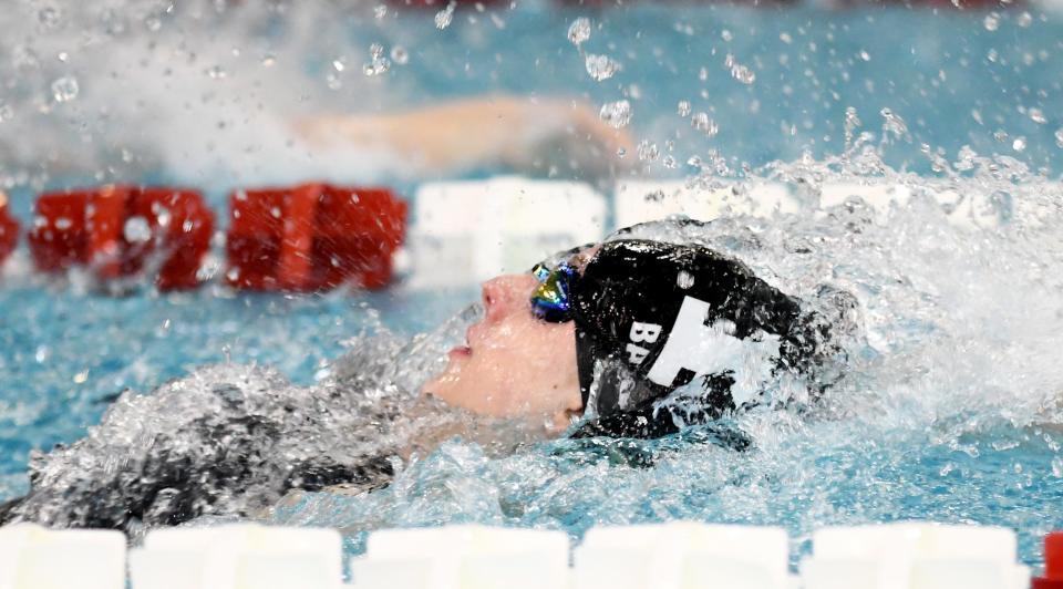 Perry's Sophie Baker competes in girls 100 yard backstroke in 2023 OHSAA Division 1 State Swimming Prelims at C.T. Branin Natatorium in Canton.  Friday,  February 24, 2023.