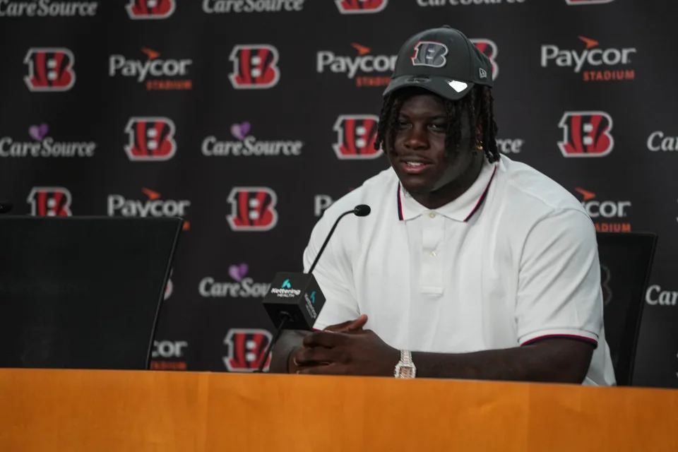 Amarius Mims joins the Bengals, speaking at a press conference at Paycor Stadium on Friday April 26, 2024.