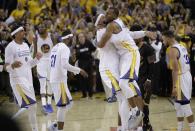 <p>Golden State Warriors players celebrate after beating the Cleveland Cavaliers in Game 5 of basketball’s NBA Finals in Oakland, Calif., Monday, June 12, 2017. The Warriors won 129-120 to win the NBA championship. (AP Photo/Marcio Jose Sanchez) </p>