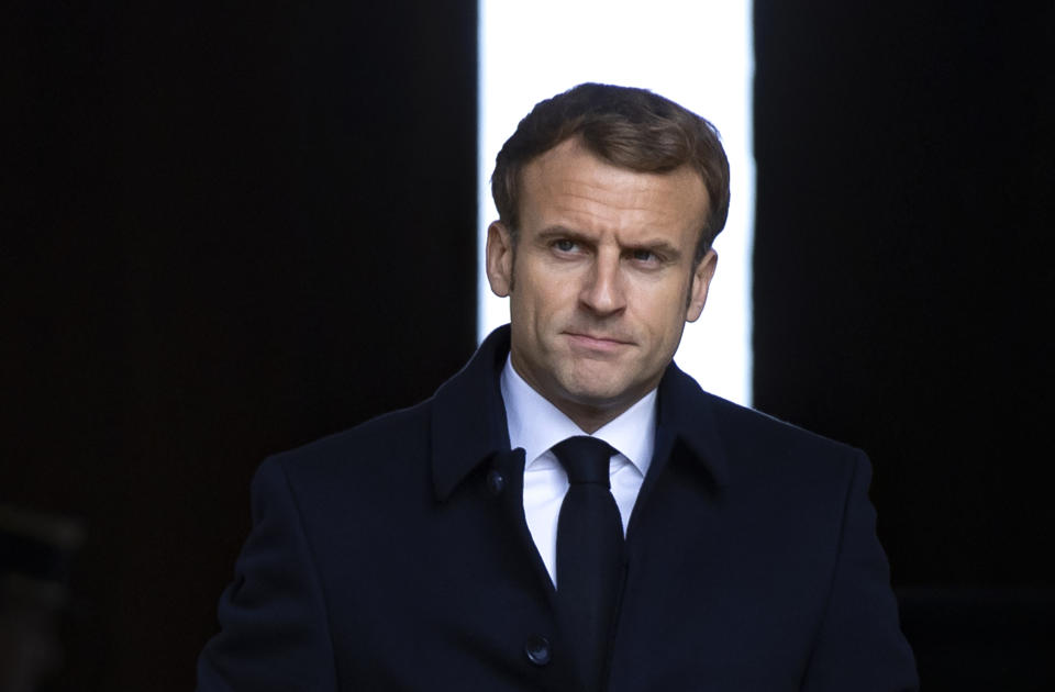 French President Emmanuel Macron arrives for a military ceremony at the Invalides monument in Paris, Thursday, Nov.4, 2021 (Ian Langsdon, Pool Photo via AP)