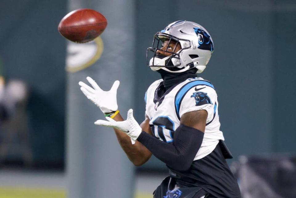 Carolina Panthers’ Curtis Samuel warms up before an NFL football game against the Green Bay Packers Saturday, Dec. 19, 2020, in Green Bay, Wis. (AP Photo/Matt Ludtke)