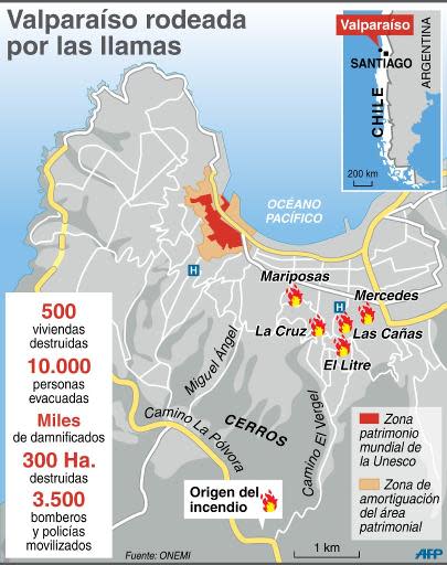 Localización de los principales focos del incendio de Valparaíso (AFP | Sophie Ramis)