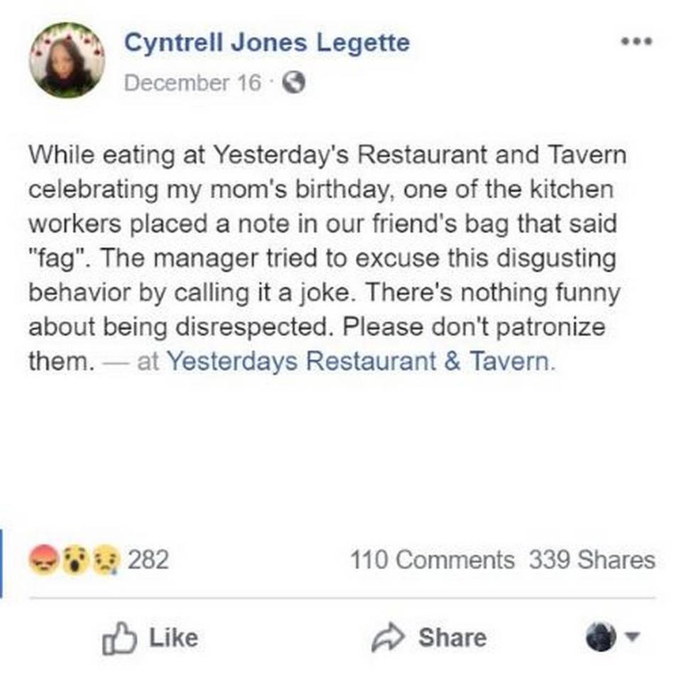 Cyntrell Jones Legette, a customer of Yesterdays Restaurant & Tavern in South Carolina, said in a Facebook post that an employee called her friend a homophobic slur in a note. (Photo: The State/Facebook/Cyntrell Jones Legette)