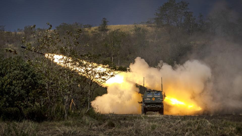 U.S. and Philippine troops fire a High Mobility Artillery Rocket System on March 31, 2023, in Laur, Nueva Ecija, Philippines. (Ezra Acayan/Getty Images)