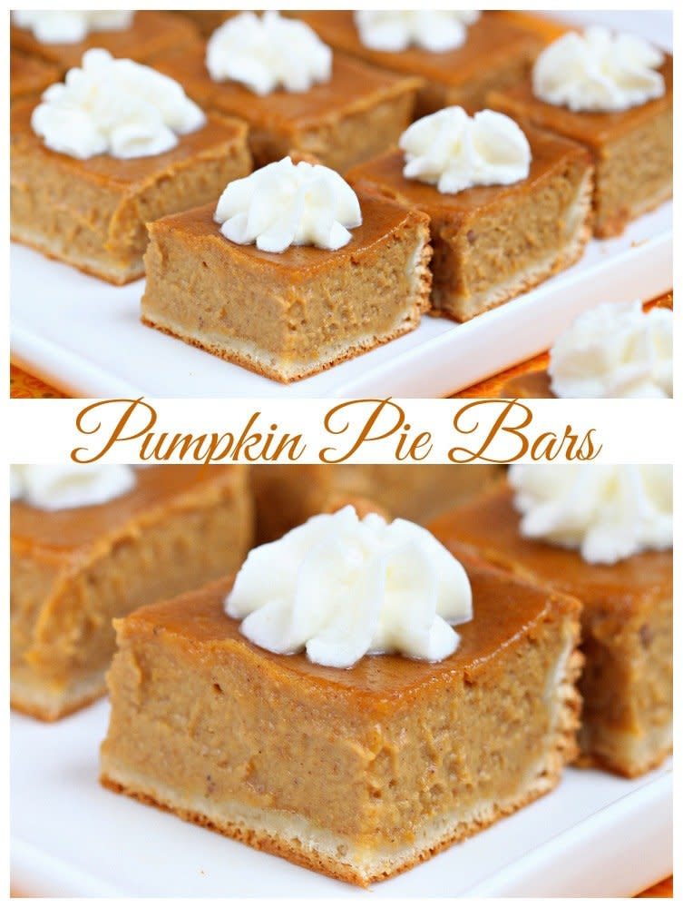 Who says a slice of pie needs to be, well, a slice? These bars have very few ingredients and the appeal of letting you take more than one on your plate (because they're small, you see!).  <a href="http://roxanashomebaking.com/pumpkin-pie-bars-recipe/" target="_blank">Find the recipe at Roxana's Home Baking</a>.