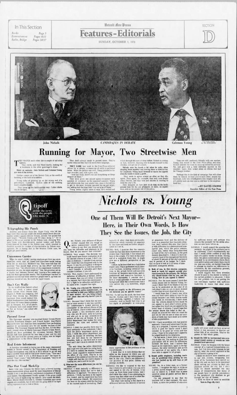 The Oct. 7 1973 edition of the Detroit Free Press featured the transcript of a debate the newspaper held between former Police Commissioner John Nichols and Michigan Sen. Coleman Young, who would go on to win and become Detroit's first Black mayor.