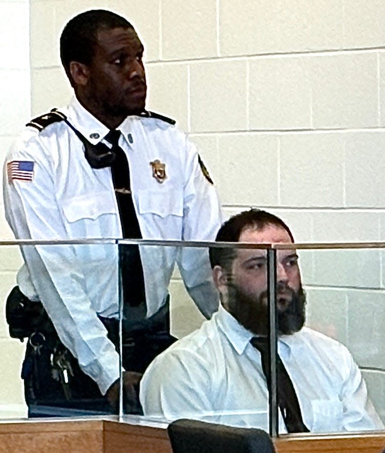 Ricky J. Ponte, 29, of Taunton, is arraigned on a charge of motor vehicle negligent homicide while under the influence of alcohol and other charges Wednesday, April 9, 2024, in Taunton District Court in connection with the crash on March 10, 2024, in Taunton that claimed the life of beloved Fall River crossing guard Margaret "Peggy" McGowan. Ponte, who was also injured in the crash, appeared in court in a wheelchair.