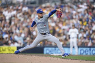 Toronto Blue Jays starting pitcher Jose Berrios works against a San Diego Padres batter during the third inning of a baseball game, Saturday, April 20, 2024, in San Diego. (AP Photo/Gregory Bull)