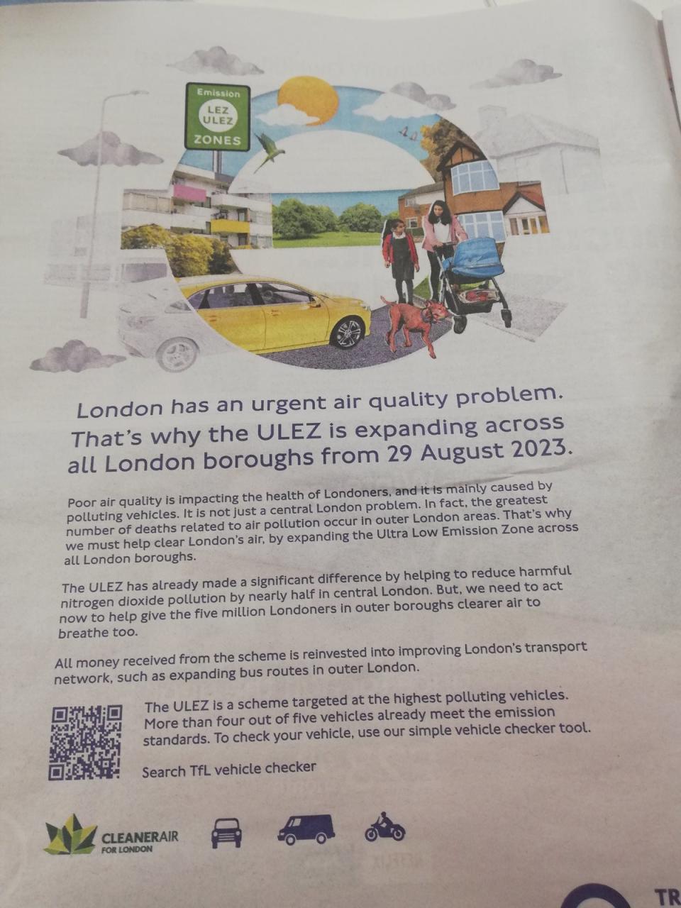 Ulez advertisement placed in the Metro (GLA/TfL/ASA)