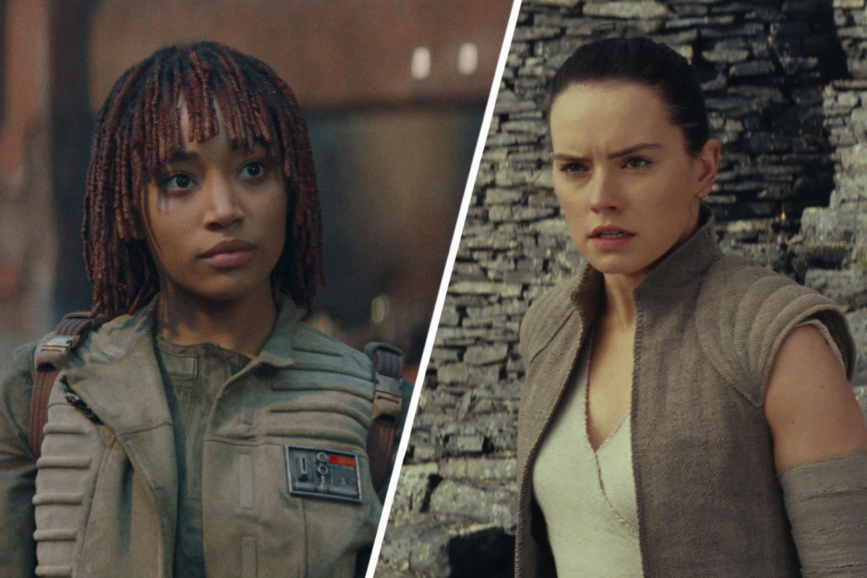 Amandla Stenberg as Osha and Daisy Ridley as Rey in The Acolyte and The Last Jedi, the latest episode of the Disney+ series was compared to the sequel trilogy film. (Lucasfilm/Disney+)