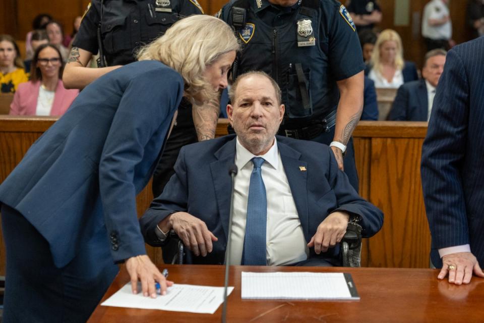 Former film producer Harvey Weinstein looks on during a preliminary hearing after his rape conviction was overturned inside the Manhattan Criminal Court in New York on May 1 2024 (POOL/AFP via Getty Images)