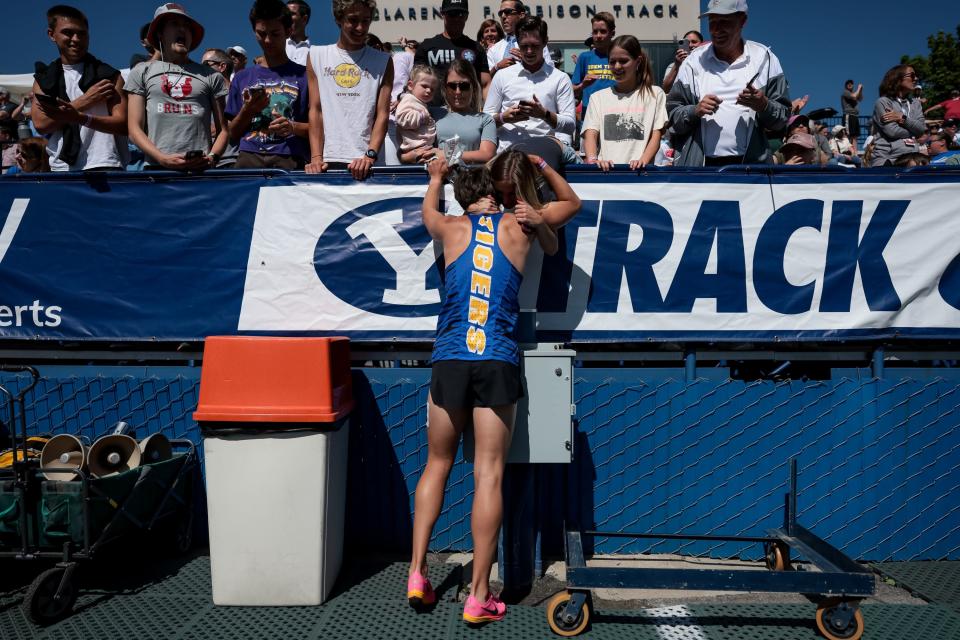 Orem’s Tayson Echohawk hugs his mother, Linda, after placing first in the 5A boys 3,200-meter finals at the Utah high school track and field championships at BYU in Provo on Thursday, May 18, 2023. | Spenser Heaps, Deseret News