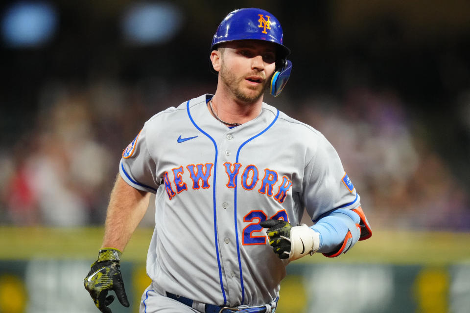 May 27, 2023;  Denver, Colorado, USA;  New York Mets first baseman Pete Alonso (20) circles the bases after hitting a solo home run against the Colorado Rockies in the fourth inning at Coors Field.  Mandatory Credit: Ron Chenoy-USA TODAY Sports