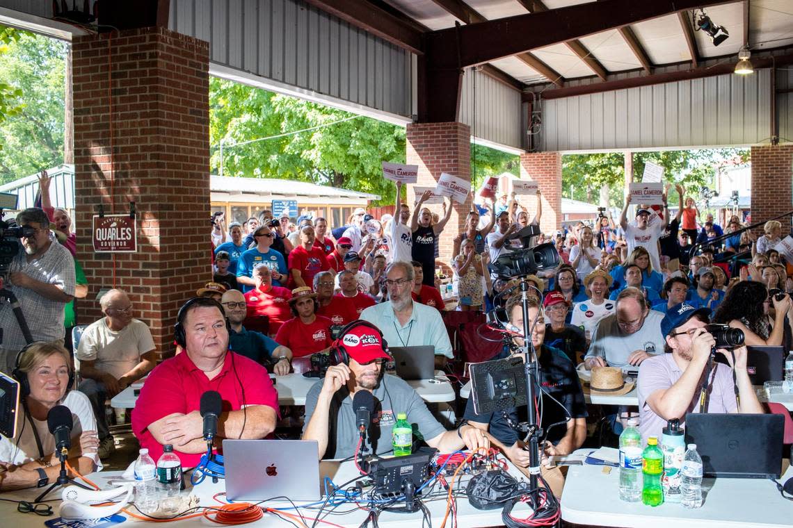 The crowds cheer, boo and jeer as candidates deliver their speeches during the 142nd annual St. Jeromes Fancy Farm Picnic in Fancy Farm, Ky., Saturday, August 6, 2022.