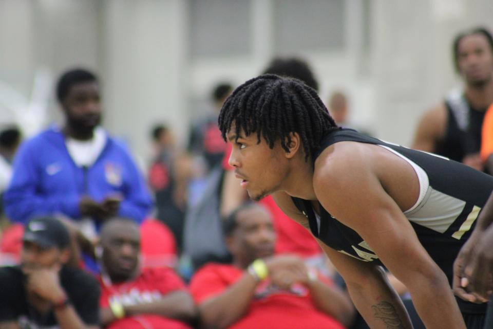 DJ Wagner of the NJ Scholars rests between plays during an AAU basketball game Monday, May 30, 2022, at the Kentucky Exposition Center in Louisville, Ky. Wagner is one of the top recruits in the 2023 class and has scholarship offers from both Louisville and Kentucky.